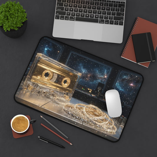 Golden Cassette Galaxy Desk Mat – Retro Music Studio Mouse Pad