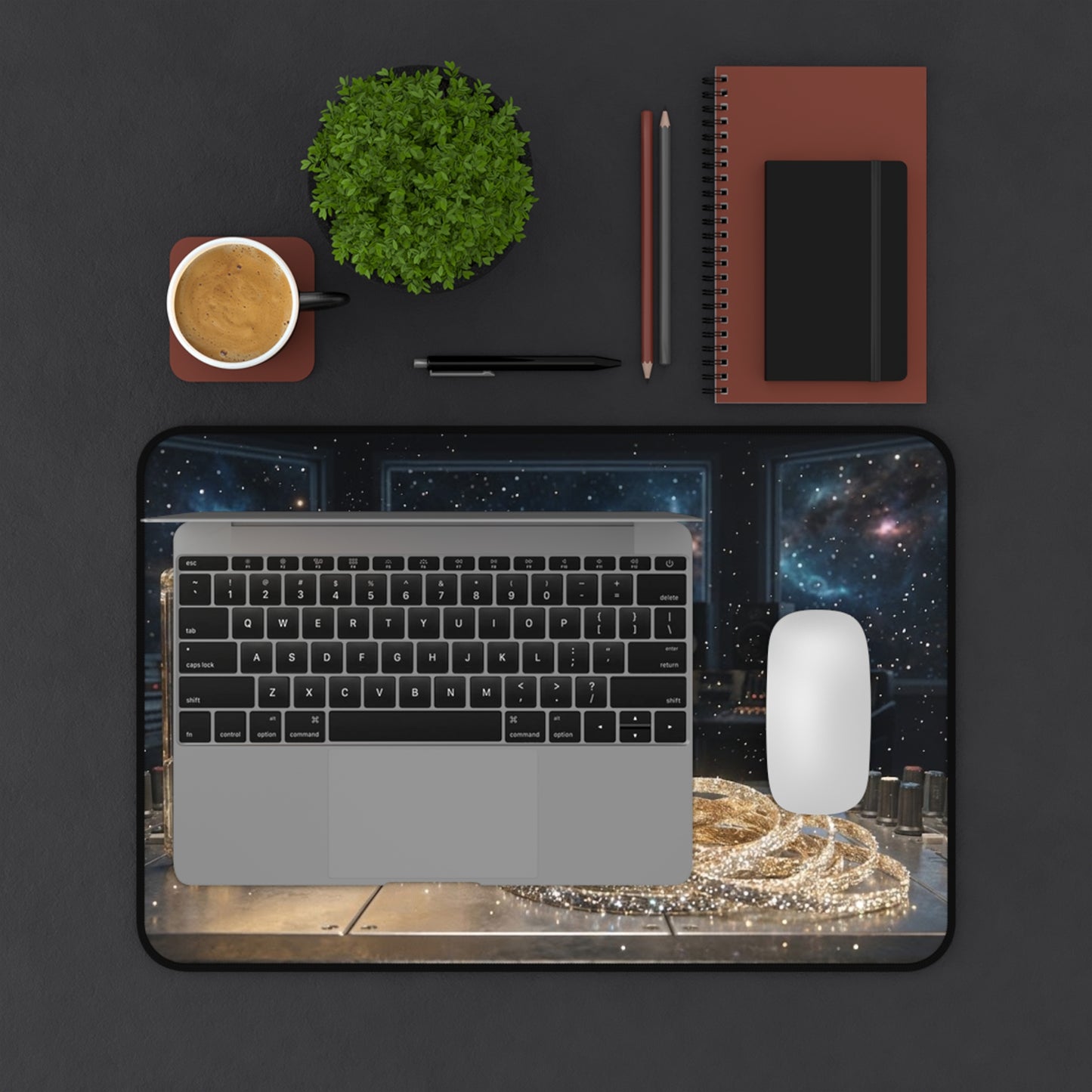 Golden Cassette Galaxy Desk Mat – Retro Music Studio Mouse Pad