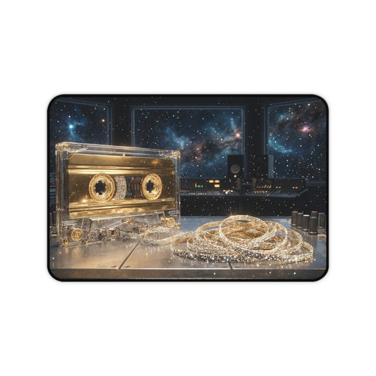 Golden Cassette Galaxy Desk Mat – Retro Music Studio Mouse Pad